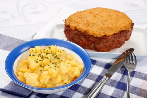 Swabian cuisine, Stuttgarter Leberkäs in a horseradish-mustard coating, Swabian potato salad,