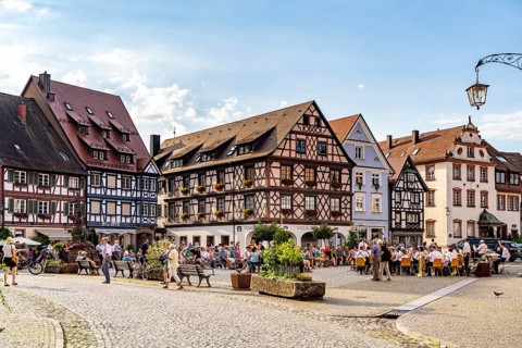 Half-timbered houses on the market square in the old town centre of Gengenbach, Black Forest,