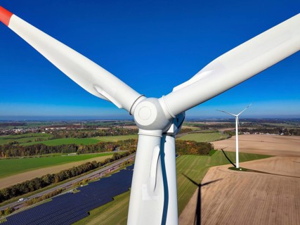 Glauchau, Saxony, Germany, Wind turbines, wind farm and solar farm on the A4 motorway near