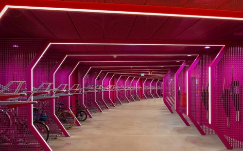 Underground car park for bicycles, redesigned Potsdamer Platz station, Sony Center, Berlin,