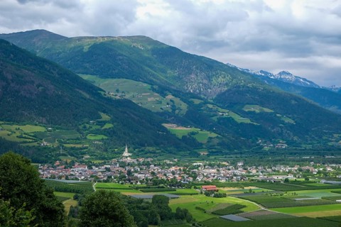 Prad am Stilfserjoch, Vinchgau, South Tyrol, Italy, Mountain landscape behind the village of Prad