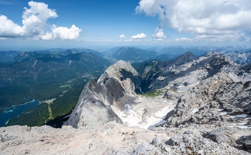 Panorama, rocky steep mountain landscape, mountain panorama from the summit of the Zugspitze, view