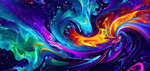 Dynamic abstract background with swirling liquid patterns and colorful light refraction, creating a