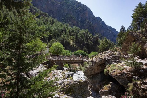 Bridge on the hiking trail through the Samaria Gorge, south coast, Crete, Greece, Europe