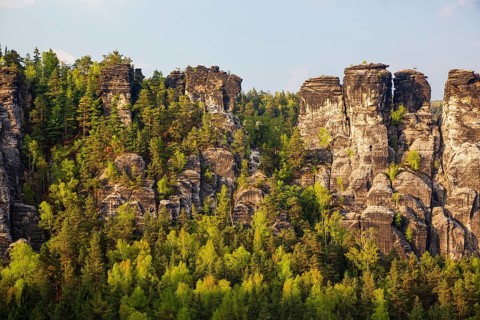 Sandstone formations in late light at the Bastei rocks near the village of Rathen in Saxon