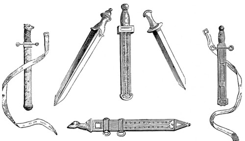 Valuable Roman swords with fine ornamentation from various periods, hilt with animal head, belt,
