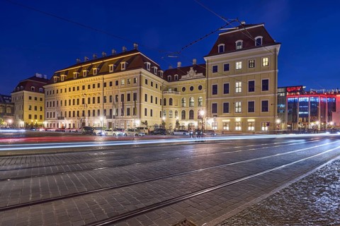 Hotel Taschenbergpalais Kempinski Dresden, palace, baroque architectural style, street with tram