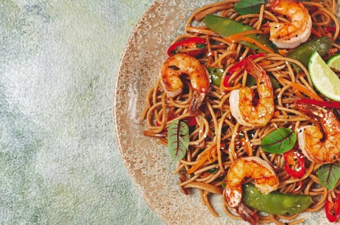 Fried udon noodles with shrimp and vegetables, Asian cuisine, homemade, no people