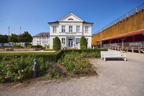 Historic inhalatorium with graduation tower and rose garden in Bad Salzuflen, Lippe district, North