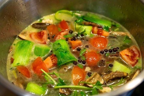 Vegetable soup, or vegetable stock, is cooked with various vegetables, which are slowly simmered