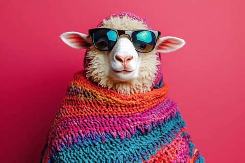 Cool sheep with sunglasses and knitted sweater in front of pink background. Generative Ai, AI