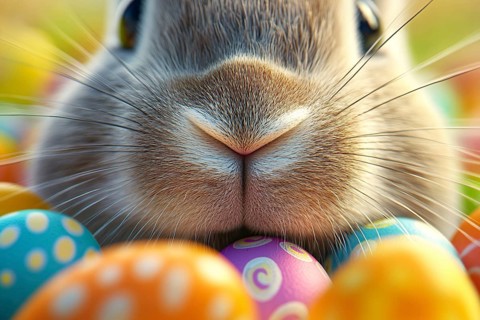 Cute close up of bunny nose surrounded by colorful Easter eggs. Generative Ai, AI generated