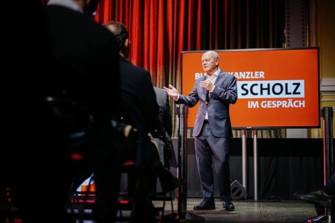 Olaf Scholz (SPD), Federal Chancellor recorded during a citizens' dialogue of the SPD in Halle