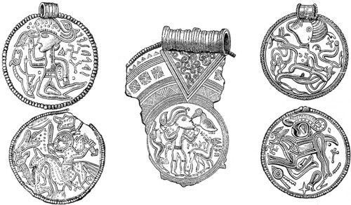 Bracteates, old coins or medals that were exchanged as valuables, made of wood or metal, Germanic