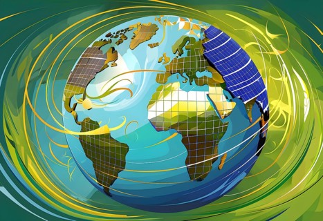 Illustration of a globe composed of triangular solar panels and swirling wind patterns, symbolizing
