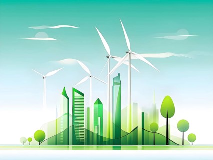 Abstract visual illustration of a city skyline where buildings morph into wind turbines and trees,
