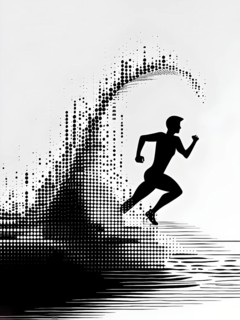 Wave of data points shaping into a runners silhouette, abstract illustration in black and white,