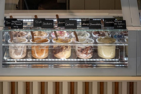 Ice cream flavours in an ice cream parlour, Bavaria, Germany, Europe