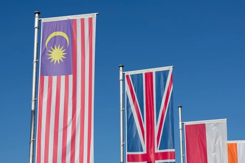 Several flags of different countries fly side by side under a clear blue sky, Malaysian flag,