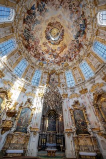 Interior of the baroque church with ceiling paintings and altar, Ettal Abbey, baroque Benedictine