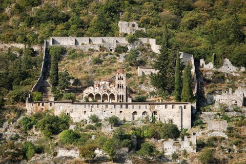 Exterior view of the Byzantine Orthodox monastery of Pantanassa, ruined city of Mystras or Mistra