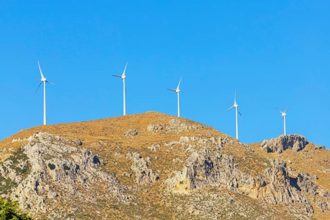 Wind turbines generating electricity, Kerames, Rethymno, Southern Crete, Crete, Greek Islands,