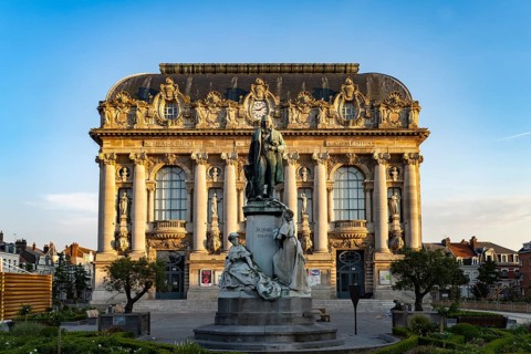 Statue of Joseph Marie Charles or Jacquard and the theatre of Calais, France, Europe