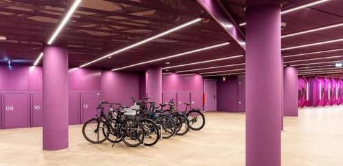 Underground car park for bicycles, redesigned Potsdamer Platz station, Sony Center, Berlin,