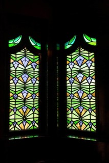 Stained glass window in the staircase, interior design of the town hall in Chemnitz, Saxony,