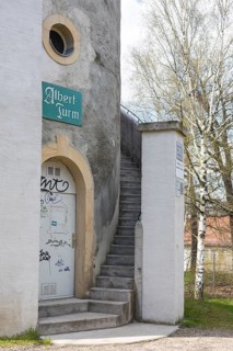 Outside staircase of the Albertturm, observation tower on the Collm, Wermsdorf, Saxony, Germany,