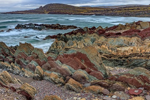 Colourful rocks, rock, coast, sea, waves, cloudy, Varanger Peninsula, Norway, Europe