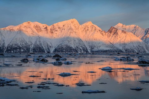 Morning light, mountains, snowy, reflection, sea, coast, fjord, winter, Lyngen Alps, Norway, Europe