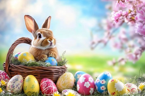 Easter bunny in basket with Easter eggs for Easter in spring Greeting card generated with copy