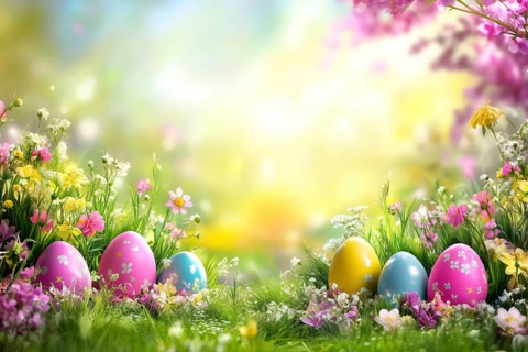 Easter egg hunt Easter egg hunt with flowers in a meadow in spring Greeting card with text free