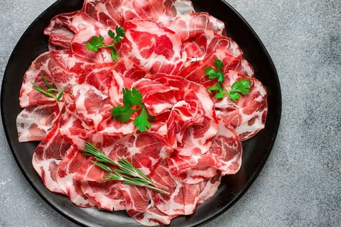 Sliced cured ham, prosciutto, italian dish, delicacy, parma ham, top view, no people