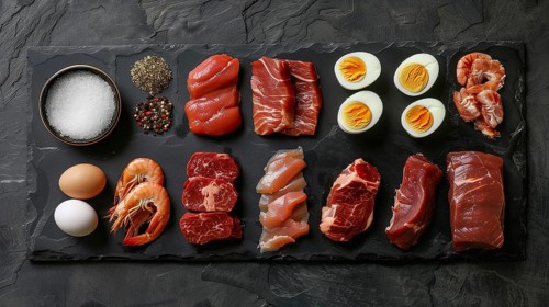 All meat, fish and eggs platter overhead. generative AI, AI generated
