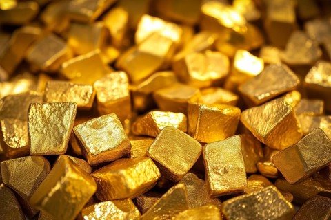 Pile of shiny glittering golden nuggets close up, AI generated