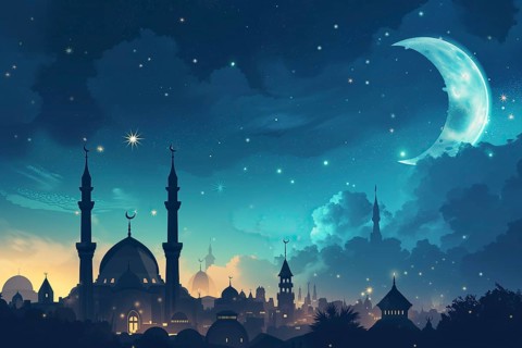 Ramadan with a mosque silhouetted against a starry night sky, illuminated by the crescent moon, AI