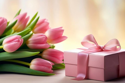 Gift Box with Pink Ribbon Beside bouquet of Fresh Tulips on Bokeh Background. Good for Valentine