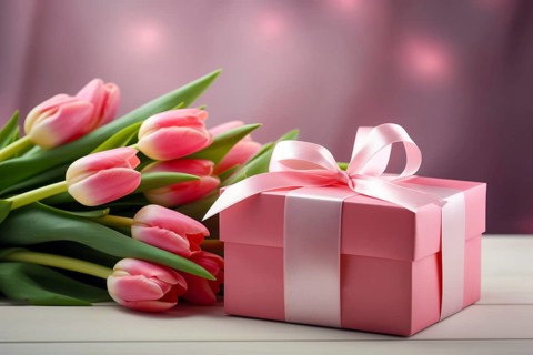 Gift Box with Pink Ribbon Beside bouquet of Fresh Tulips on Bokeh Background. Good for Valentine