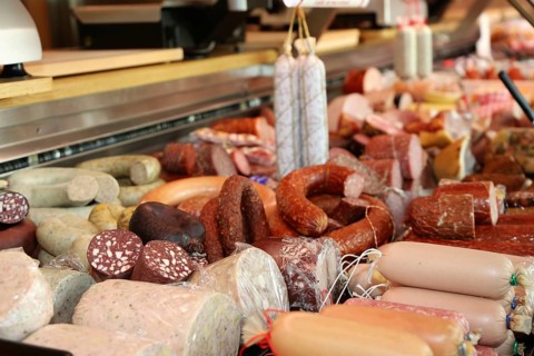 Sausage counter in a butcher's shop