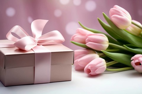 Gift Box with Pink Ribbon Beside bouquet of Fresh Tulips on Bokeh Background. Good for Valentine