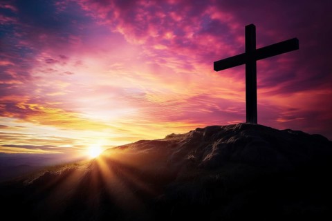 Easter concept cross on Golgotha Calvary hill against a dramatic sunset, AI generated