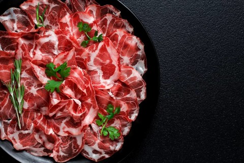 Sliced cured ham, prosciutto, italian dish, delicacy, parma ham, top view, no people