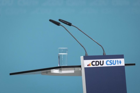 Lectern in the Konrad Adenauer Haus, taken during a press conference after the joint meeting of the