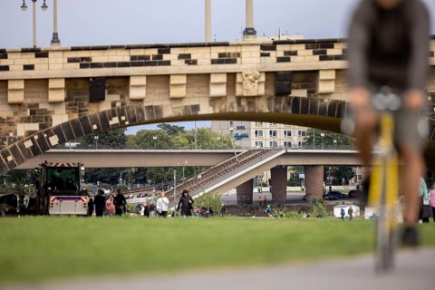 Partially collapsed Carola Bridge, seen through the Augustus Bridge in Dresden, 11/09/2024