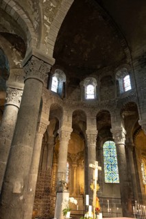 Orcival. Choir of Notre-Dame d'Orcival basilica showcasing Auvergne Romanesque architecture in