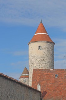 Krugsturm with historic town wall and Hertelsturm, round defence defence tower, two, towers,