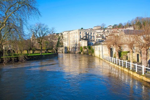 Historic buildings and River Avon, Bradford on Avon, Wiltshire, England, United Kingdom, Europe