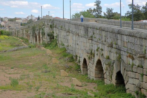 Roman stone arch bridge Puente Romano, UNESCO, Forum Roman, Emerita Augusta, Merida, Extremadura,